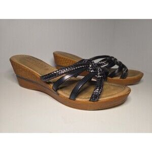 Tuscany-Easy Street Black Strappy Braided Leather Sandal W Low Heel Wedge Sz 8